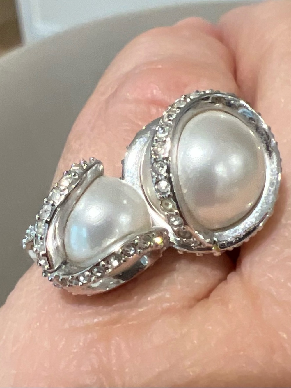 Swarovski Silver-Tone Double Pearl Ring with Clear Crystals - White